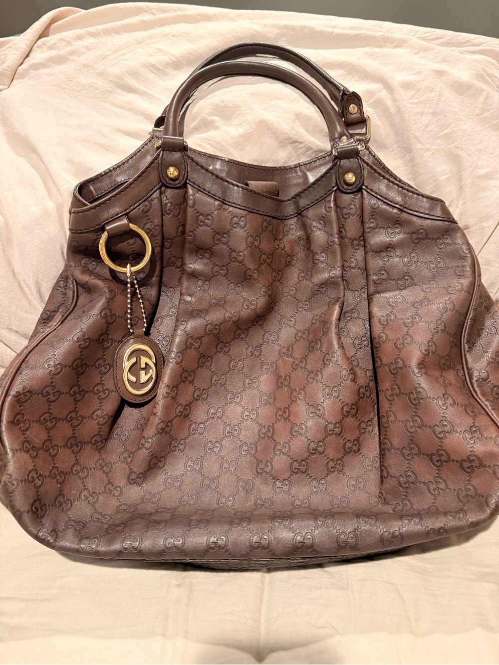 Gucci Brown Monogram Hobo Bag with Leather Trim